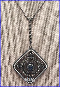 Vintage Art Deco Meyle and Mayer 935 Sterling Silver Enamel Marcasite Necklace