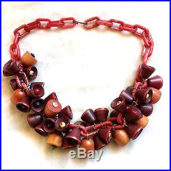 Vintage Art Deco Miriam Haskell Style Celluloid Chain Wood Bell Charms Necklace