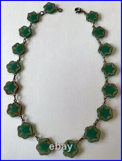 Vintage Art Deco Molded Green Rhinestone Filigree Panel Necklace
