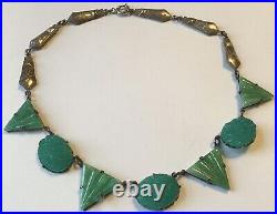 Vintage Art Deco Molded Green Rhinestone & Paste Open Back Necklace