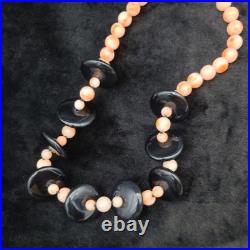 Vintage Art Deco Natural Angel Skin Coral Beads & Black Onyx Discs Necklace