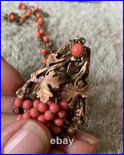 Vintage Art Deco Necklace Coral Color Beads And Ornate Brass