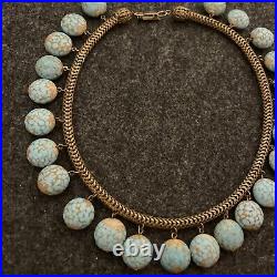 Vintage Art Deco Necklace Hubbell Glass Beads Brass Turquoise Glass Beads Choker