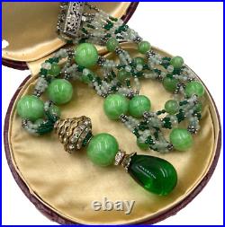 Vintage Art Deco Necklace Jade Peking Beads Gripoix Green Glass Drop Pendant Rar