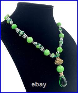 Vintage Art Deco Necklace Jade Peking Beads Gripoix Green Glass Drop Pendant Rar