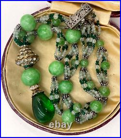 Vintage Art Deco Necklace Jade Peking Beads Gripoix Green Glass Drop Pendant Rar