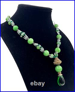 Vintage Art Deco Necklace Jade Peking Beads Gripoix Green Glass Drop Pendant Rar