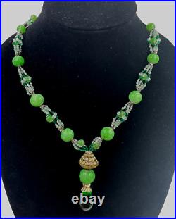 Vintage Art Deco Necklace Jade Peking Beads Gripoix Green Glass Drop Pendant Rar