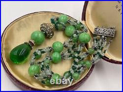 Vintage Art Deco Necklace Jade Peking Beads Gripoix Green Glass Drop Pendant Rar