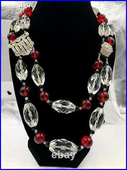 Vintage Art Deco Necklace Large Faceted Crystal Beads Cranberry Glass Black Onyx