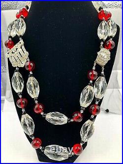 Vintage Art Deco Necklace Large Faceted Crystal Beads Cranberry Glass Black Onyx