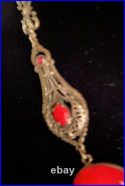 Vintage Art Deco Necklace Red Glass And Ornate Brass Filigree Dainty & Petite
