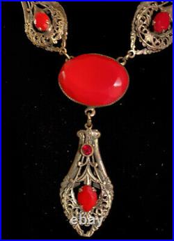 Vintage Art Deco Necklace Red Glass And Ornate Brass Filigree Dainty & Petite