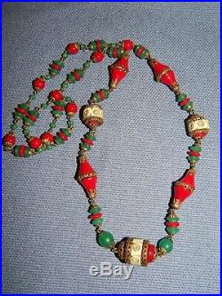 Vintage Art Deco Neiger Bros Red & Green Czech Glass & Bakelite Necklace Rare