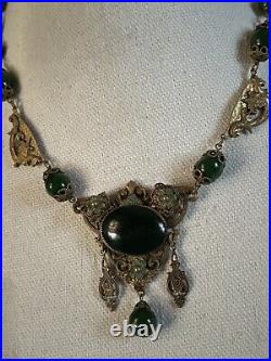 Vintage Art Deco Neiger Czech Green Glass Ornate Gryphon Brass Necklace