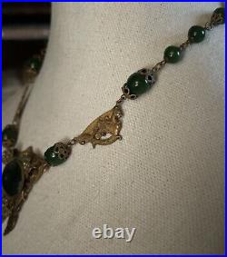 Vintage Art Deco Neiger Czech Green Glass Ornate Gryphon Brass Necklace