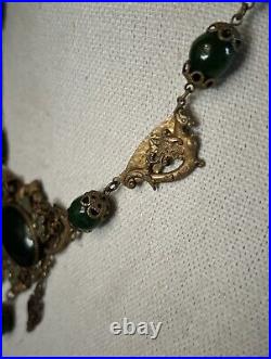 Vintage Art Deco Neiger Czech Green Glass Ornate Gryphon Brass Necklace