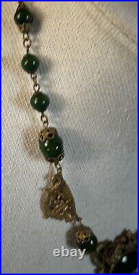 Vintage Art Deco Neiger Czech Green Glass Ornate Gryphon Brass Necklace