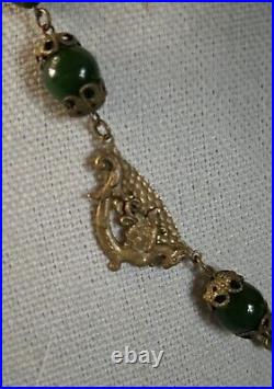 Vintage Art Deco Neiger Czech Green Glass Ornate Gryphon Brass Necklace