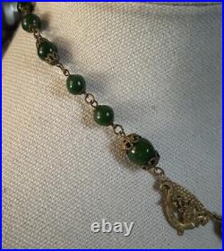 Vintage Art Deco Neiger Czech Green Glass Ornate Gryphon Brass Necklace