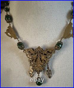 Vintage Art Deco Neiger Czech Green Glass Ornate Gryphon Brass Necklace