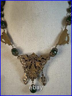 Vintage Art Deco Neiger Czech Green Glass Ornate Gryphon Brass Necklace