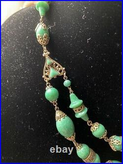 Vintage Art Deco Neiger Peking Glass & Ornate Brass Double Strand Necklace