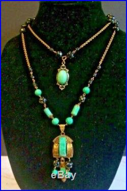 Vintage Art Deco Nouveau Czech Green & Black Peking Glass 2 Tier Necklace
