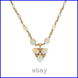Vintage Art Deco Opal Diamond Necklace 9k Yellow Gold 17.5 Estate Fine Jewelry