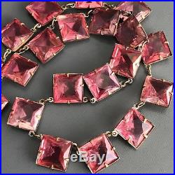 Vintage Art Deco Open Back Pink Glass Crystals Brass Necklace