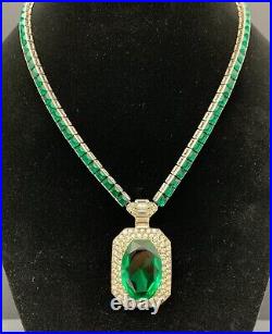 Vintage Art Deco Otis Sterling Silver Emerald Green Crystal Necklace