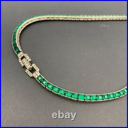 Vintage Art Deco Otis Sterling Silver Emerald Green Crystal Necklace