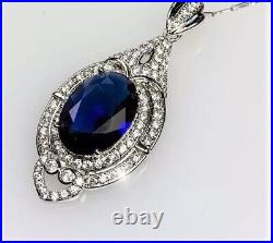 Vintage Art Deco Oval Cut Lab Created Blue Sapphire Pendant Necklace 925 Silver