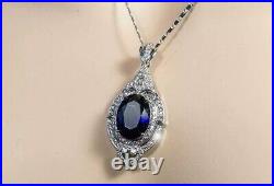 Vintage Art Deco Oval Cut Lab Created Blue Sapphire Pendant Necklace 925 Silver