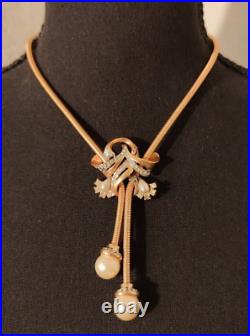 Vintage Art Deco PALMETTO 1930s Faux Pearl Rhinestone Gold Tone Lariat Necklace