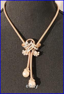 Vintage Art Deco PALMETTO 1930s Faux Pearl Rhinestone Gold Tone Lariat Necklace