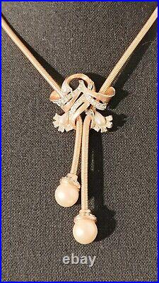 Vintage Art Deco PALMETTO 1930s Faux Pearl Rhinestone Gold Tone Lariat Necklace