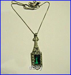 Vintage Art Deco Paste 2 Long Pendant 15mm Large Emerald Green Stone Necklace