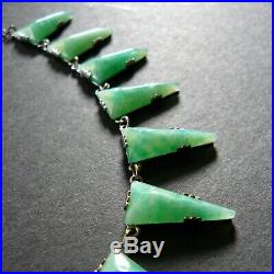 Vintage Art Deco Peking Glass Choker Necklace Silver Tone Jade Green 15.4