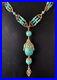 Vintage Art Deco Peking Glass & Ornate Brass Necklace Over 16.25 Drop Length