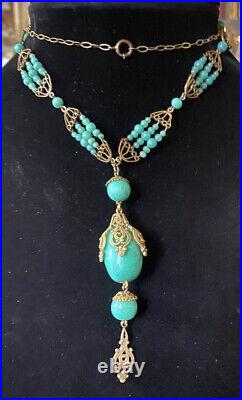 Vintage Art Deco Peking Glass & Ornate Brass Necklace Over 16.25 Drop Length
