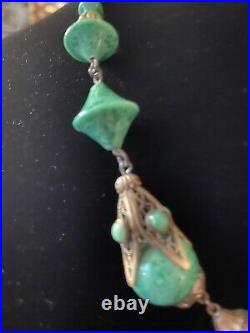 Vintage Art Deco Peking Glass & Ornate Brass Neiger Necklace