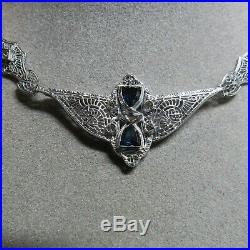 Vintage Art Deco Pierced Filigree Blue Glass Stone Pendant Necklace Louis Vetter