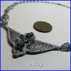 Vintage Art Deco Pierced Filigree Blue Glass Stone Pendant Necklace Louis Vetter