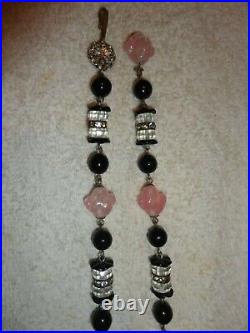 Vintage Art Deco Pink Black Glass Crystal Rhinestone Flapper Opera Necklace