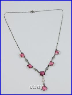 Vintage Art Deco Pink Cut Glass Lariat Sterling Silver Czech Necklace 16