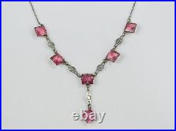 Vintage Art Deco Pink Cut Glass Lariat Sterling Silver Czech Necklace 16