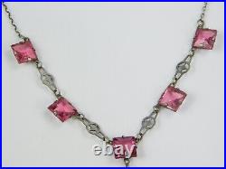 Vintage Art Deco Pink Cut Glass Lariat Sterling Silver Czech Necklace 16