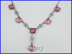 Vintage Art Deco Pink Cut Glass Lariat Sterling Silver Czech Necklace 16