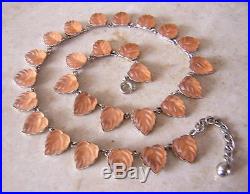 Vintage Art Deco Pink Frosted Glass Heart Leaf Necklace French Lalique Effect